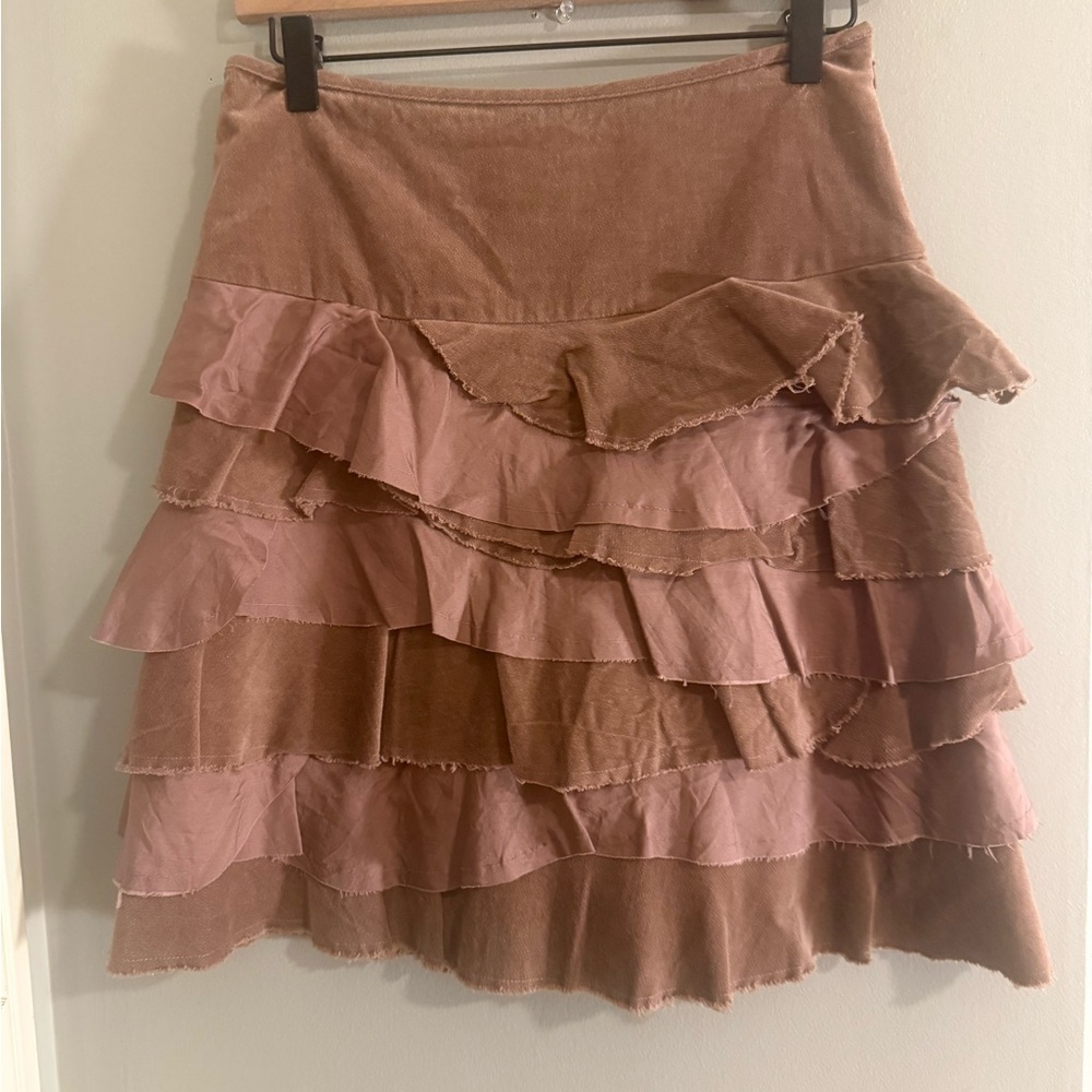 Jigsaw Tiered Ruffle Skirt Brown Pink Silk Accents Size 8